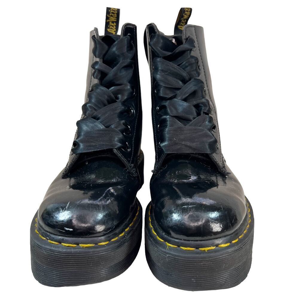 Dr Martens Molly Bouncing Soles Combat Ribbon Laced Boots Black Leather Size 10 - Picture 2 of 5